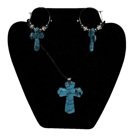 Polymer Clay Faux Turquoise Cross Necklace & Hoop Earring Set Handmade - Picture 2 of 8